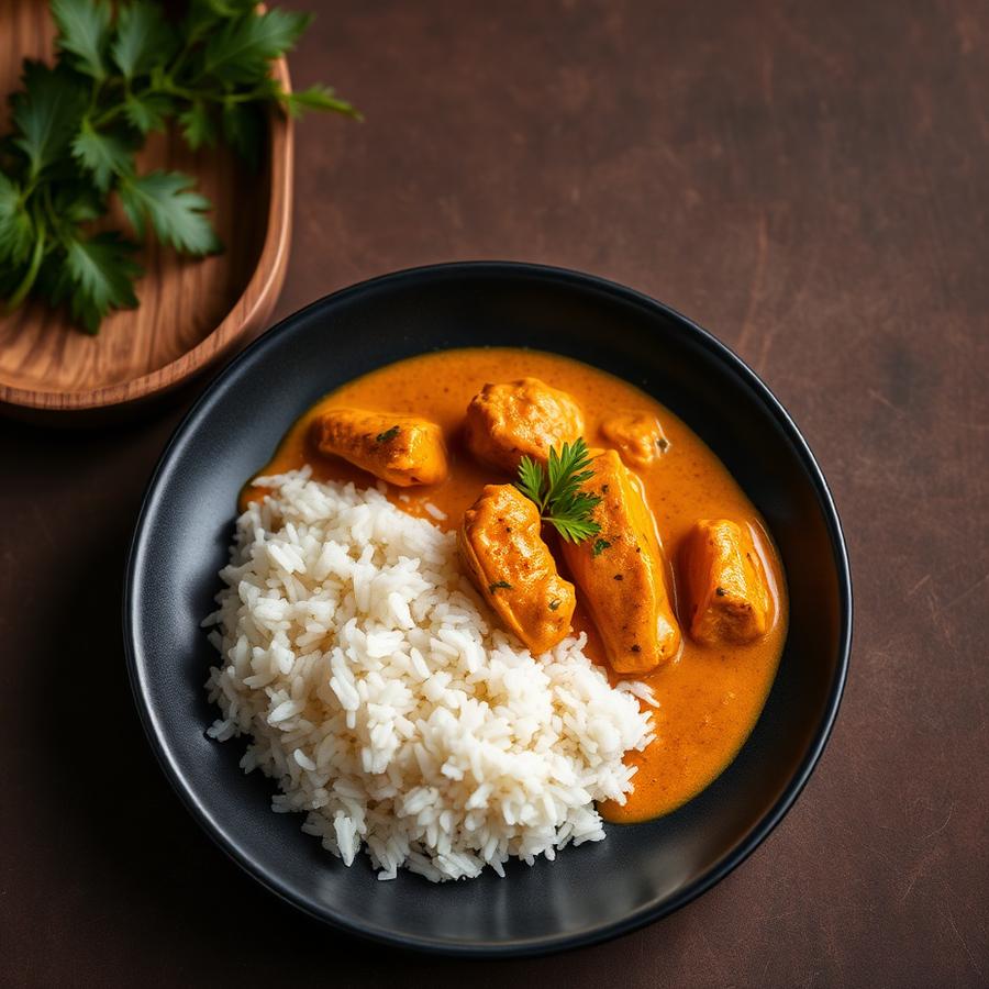 Poulet sauce curry avec riz coco